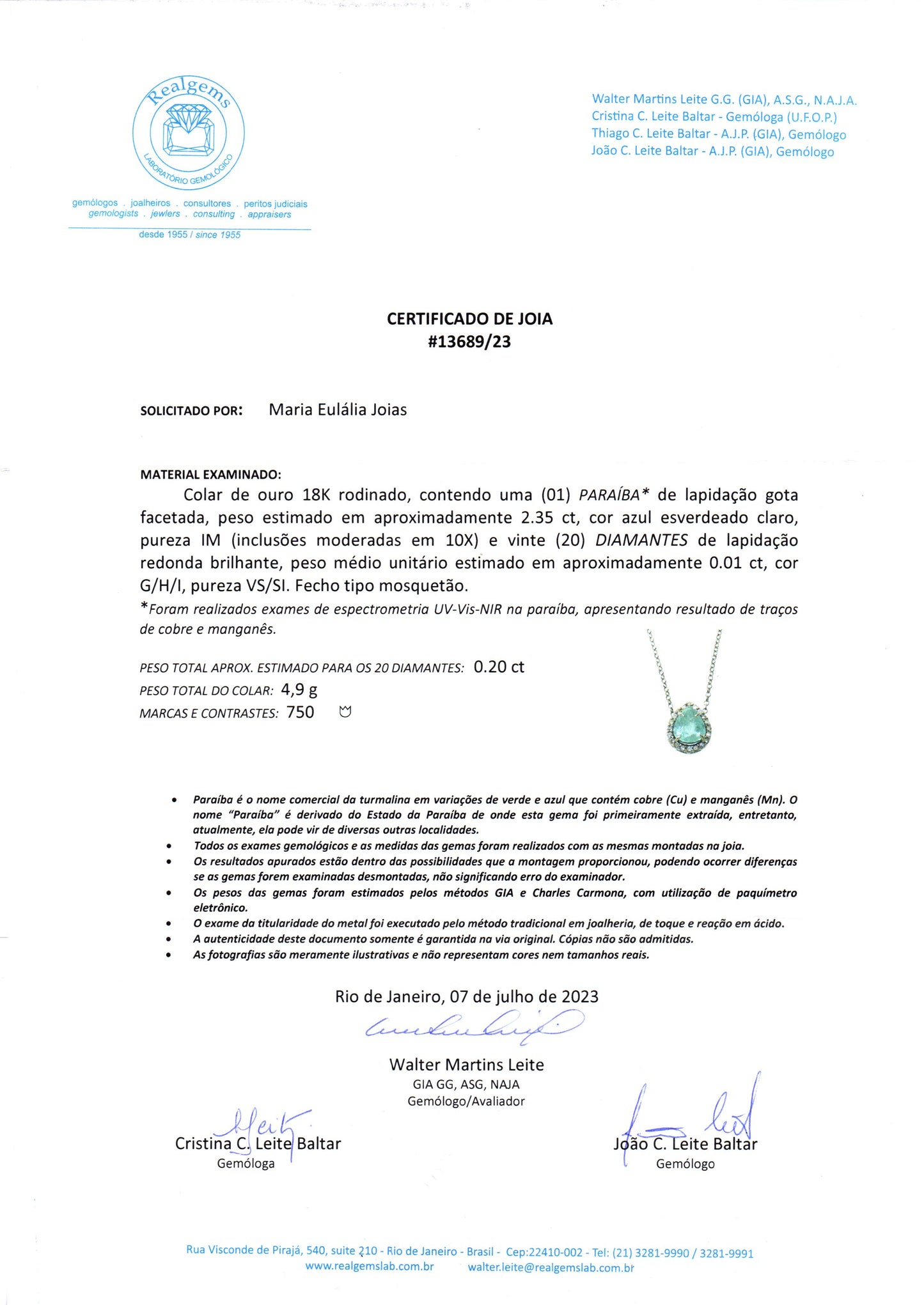 Colar Turmalina Paraíba 235 | Turmalina Paraíba e Brilhantes