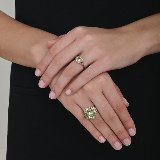 Anel Ária | Prasiolita, Brilhantes e Ródio Negro