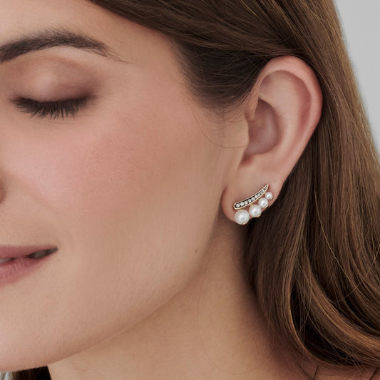 Brinco Peônia | Pérolas, Ródio Negro e Brilhantes